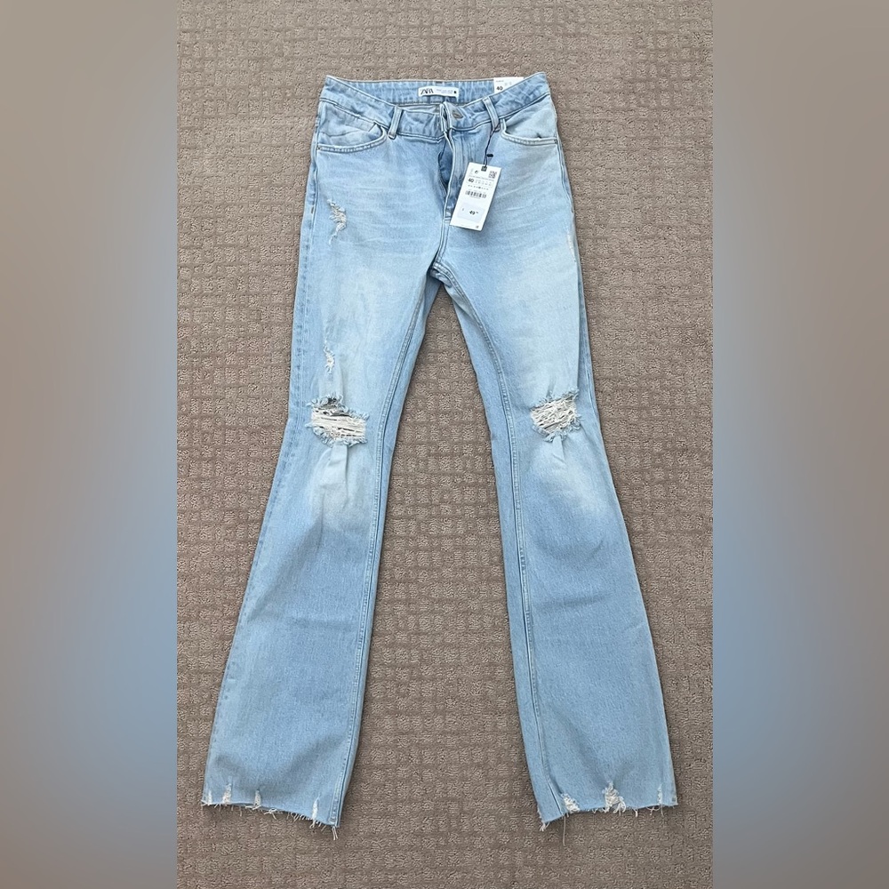 Zara Light Wash Distressed Flare Jeans - Pale Blue